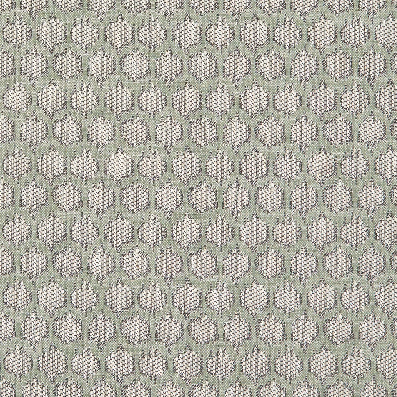 Muted sage fabric with small cream oval motifs and dark flecked woven outlines
