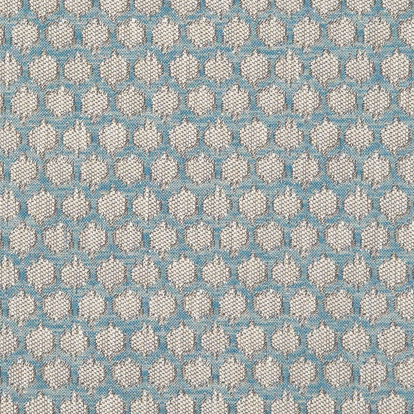 Muted turquoise teal fabric with repeating ivory floral motifs and a textured woven surface