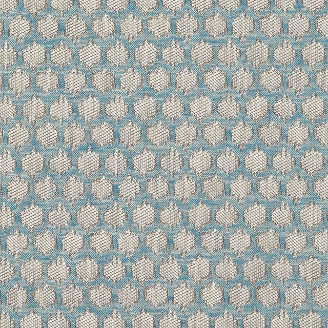 Muted turquoise teal fabric with repeating ivory floral motifs and a textured woven surface