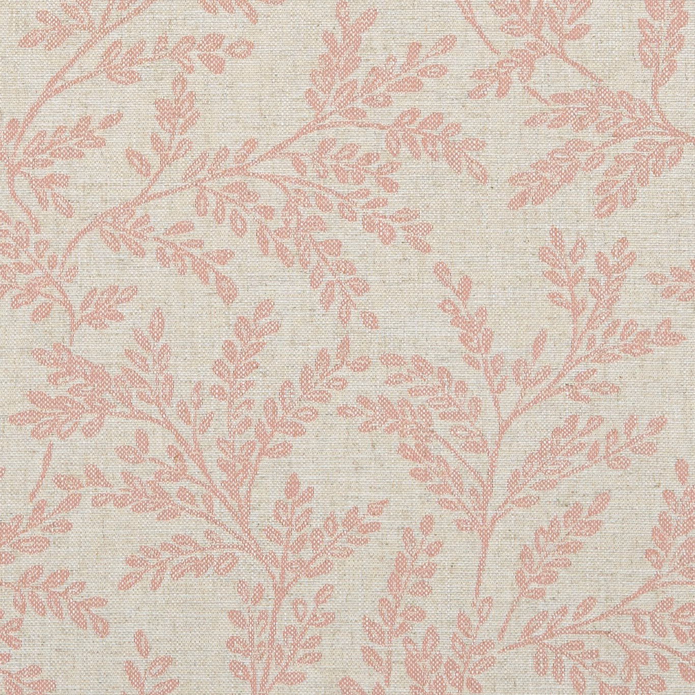 Warm cream textile with muted blush-pink leafy branches and a softly slubbed weave