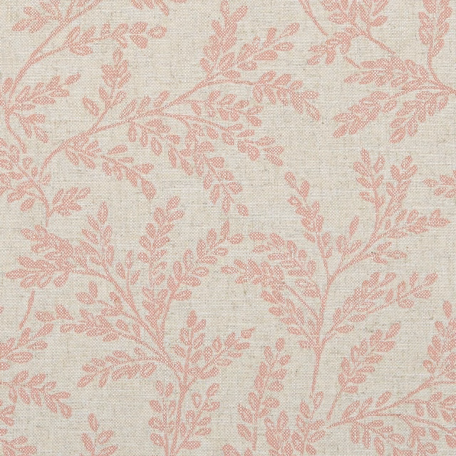 Warm cream textile with muted blush-pink leafy branches and a softly slubbed weave