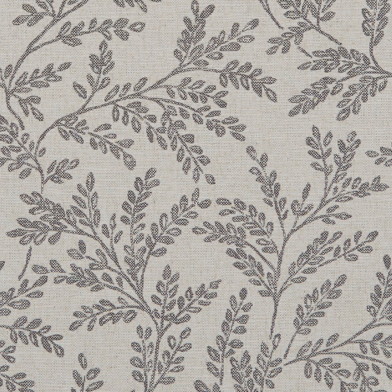 Stone-grey woven fabric with charcoal branching leaves and a softly textured ground