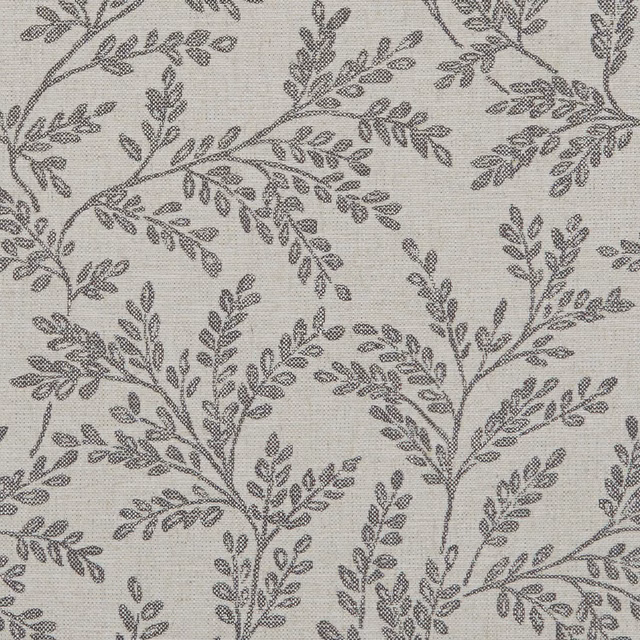 Stone-grey woven fabric with charcoal branching leaves and a softly textured ground