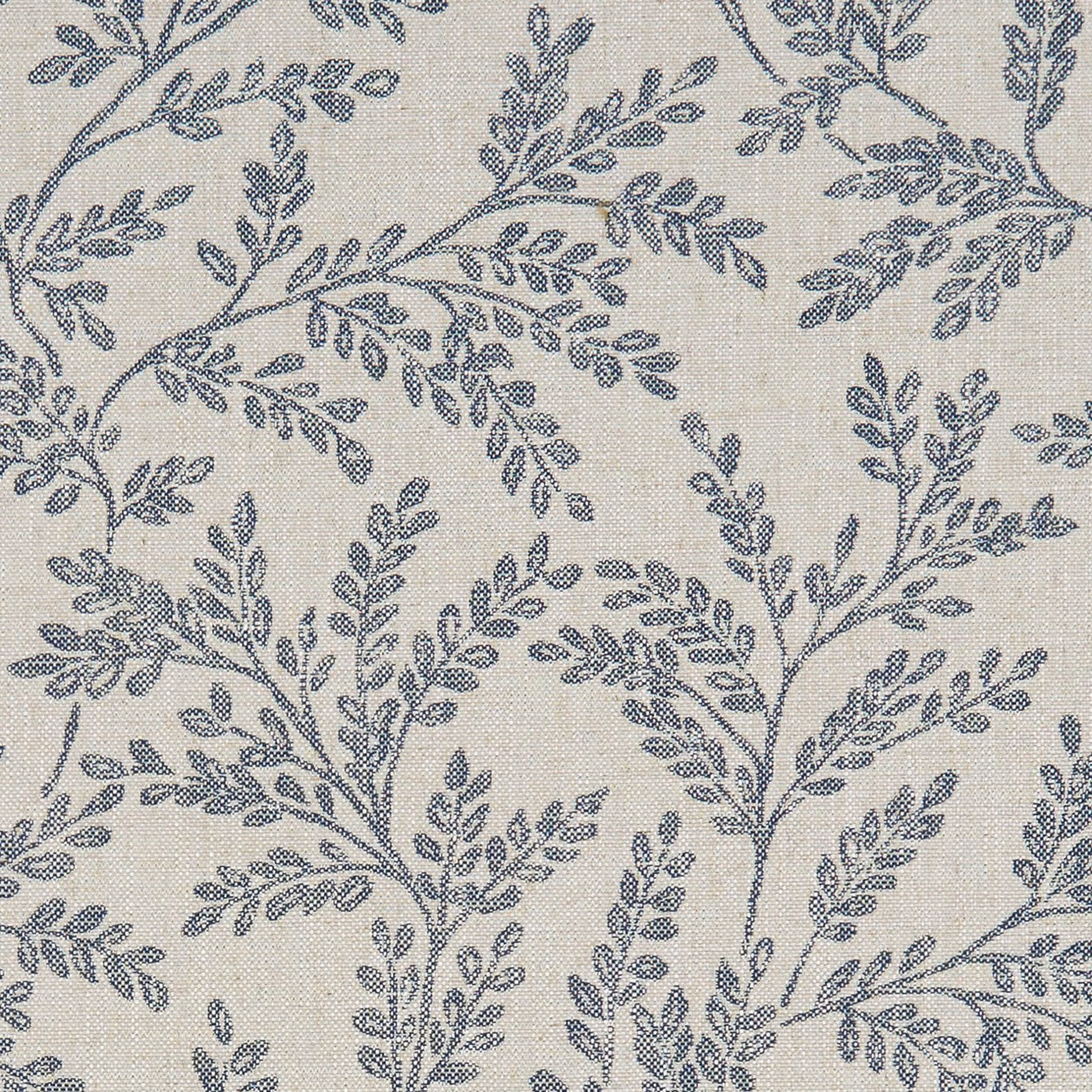 Muted denim-blue leafy sprigs on a natural crosshatched woven fabric ground