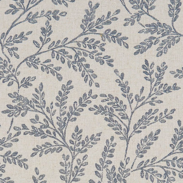 Muted denim-blue leafy sprigs on a natural crosshatched woven fabric ground