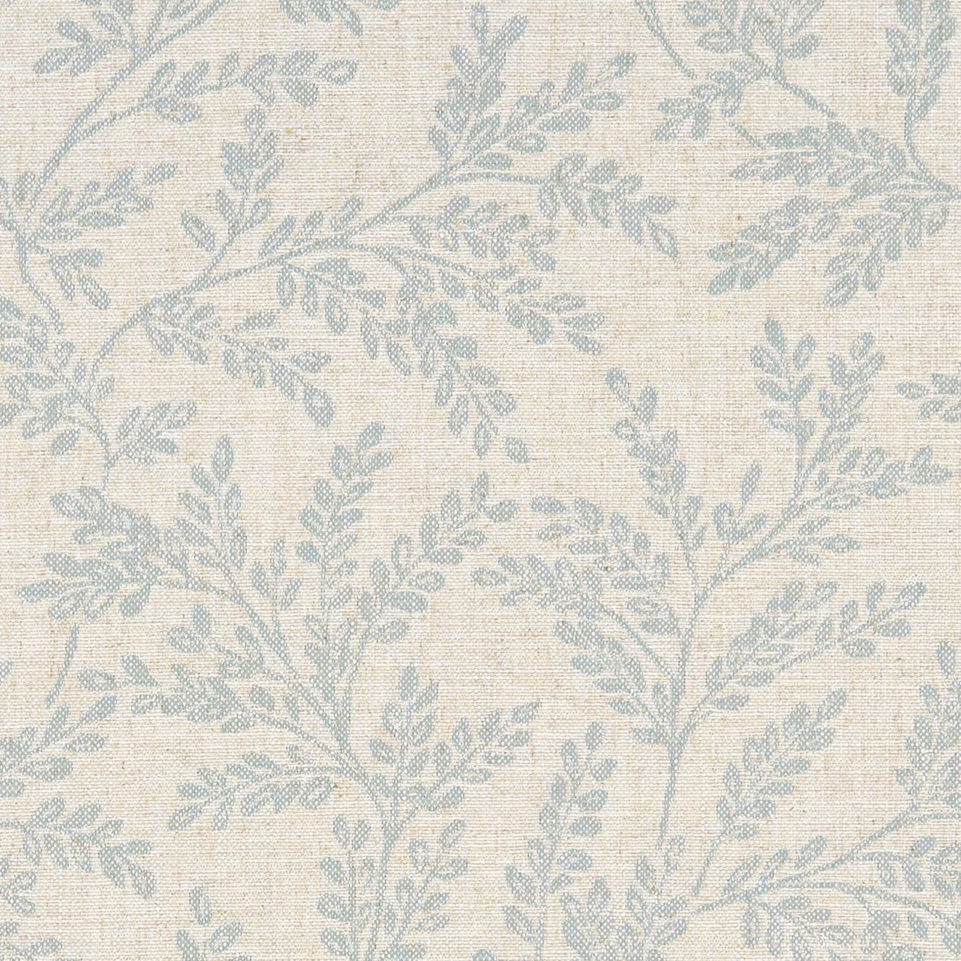 Pale duckegg blue leafy branches woven across a textured cream fabric ground