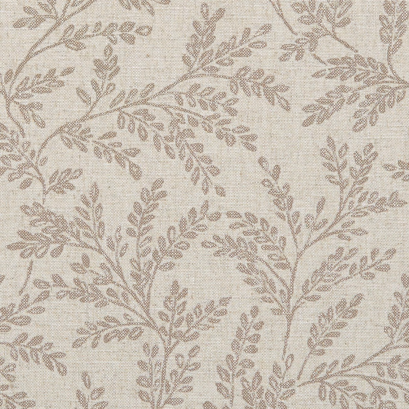 Warm linen-beige upholstery fabric with taupe branching leaves and woven texture