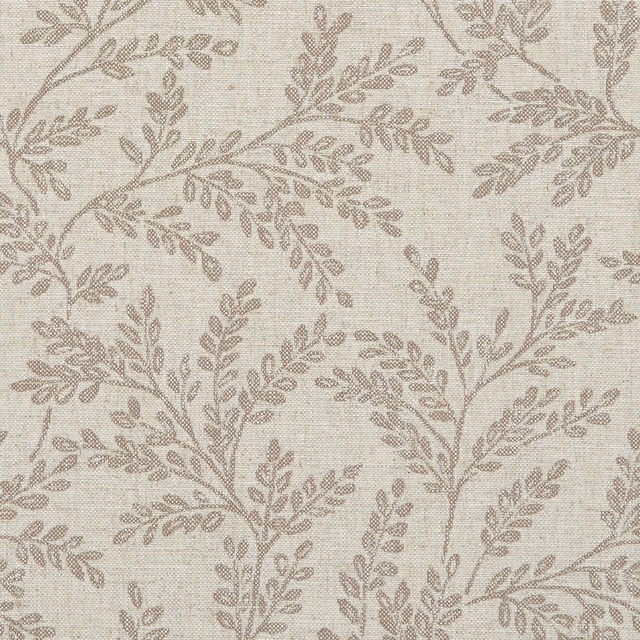 Warm linen-beige upholstery fabric with taupe branching leaves and woven texture