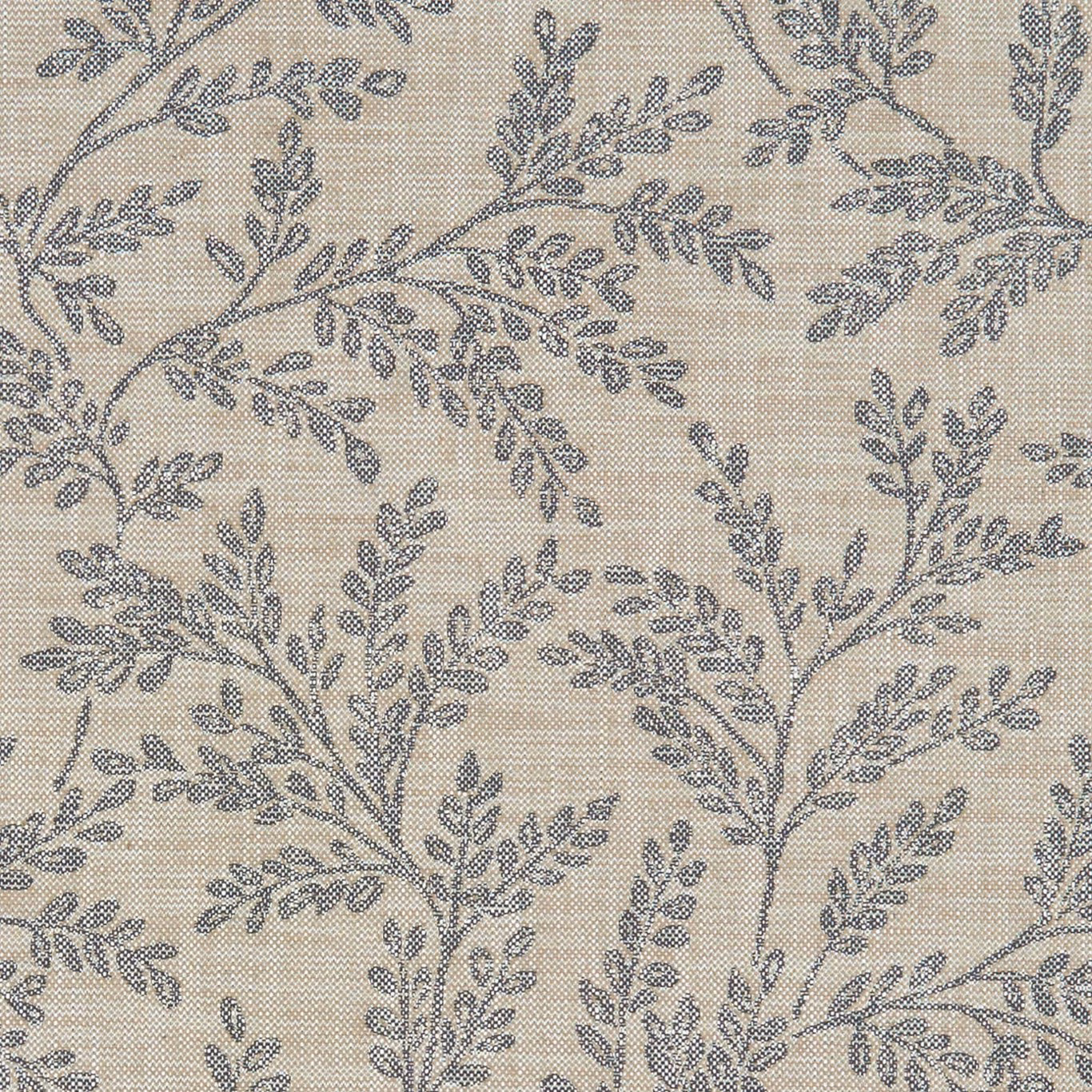 Natural beige woven ground with blue-grey leafy branches and visible grid texture