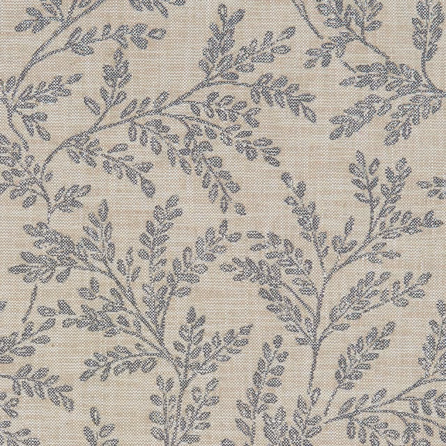 Natural beige woven ground with blue-grey leafy branches and visible grid texture