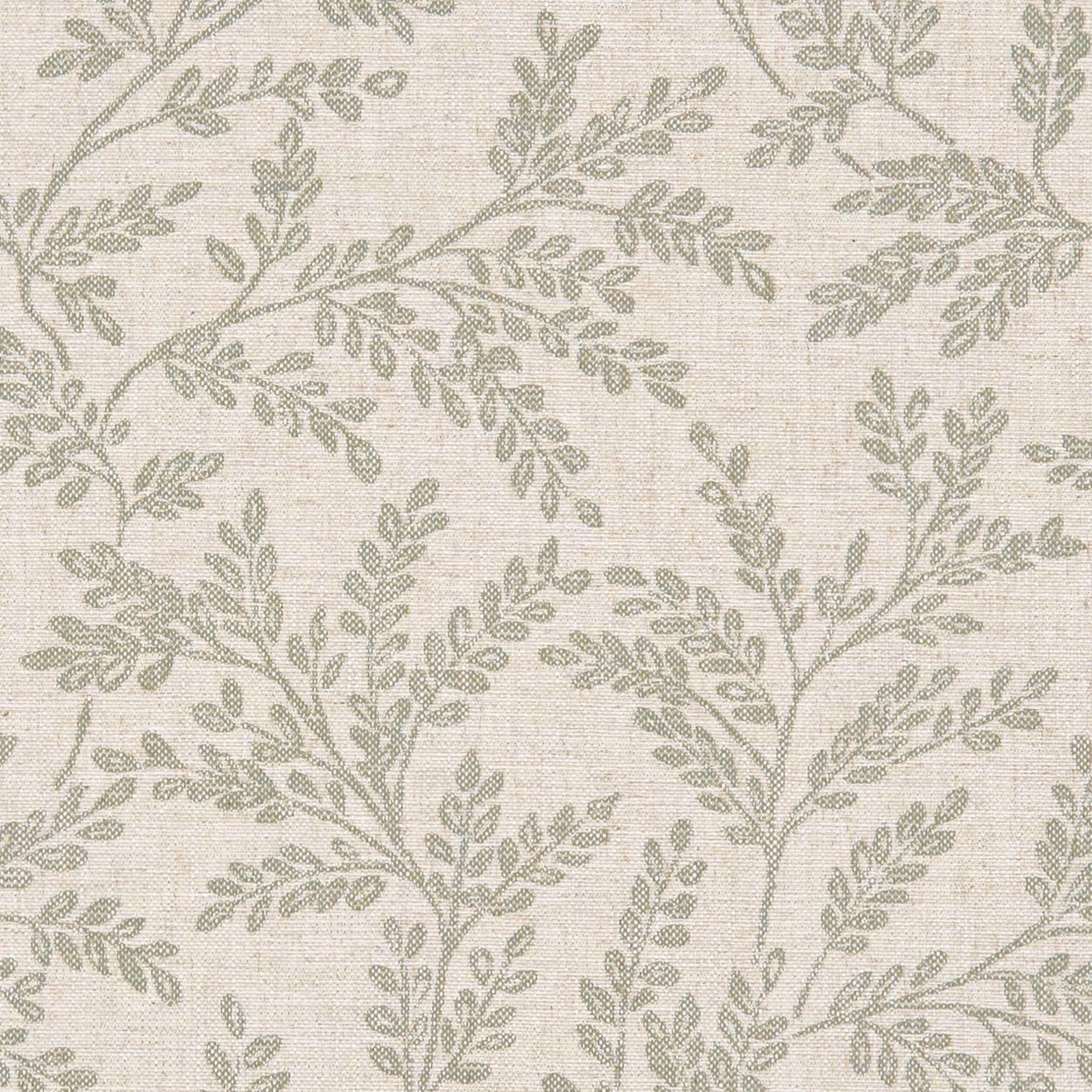 Muted sage leafy branches woven across a pale cream textured fabric ground