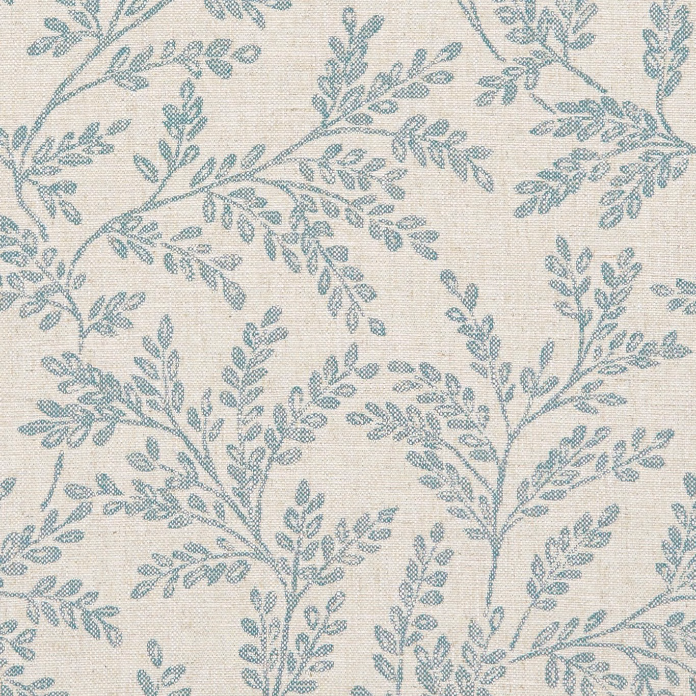 Muted teal leafy branches woven across a pale cream textured fabric ground