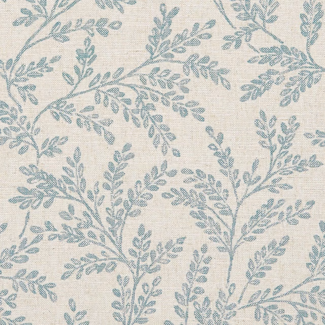 Muted teal leafy branches woven across a pale cream textured fabric ground