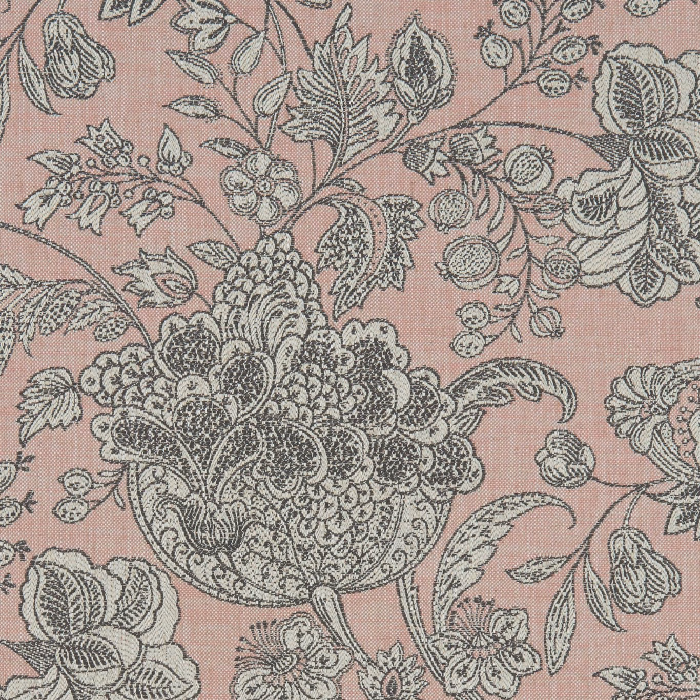 Dusty blush woven ground with charcoal-grey florals, paisleys and ornate botanical sprays