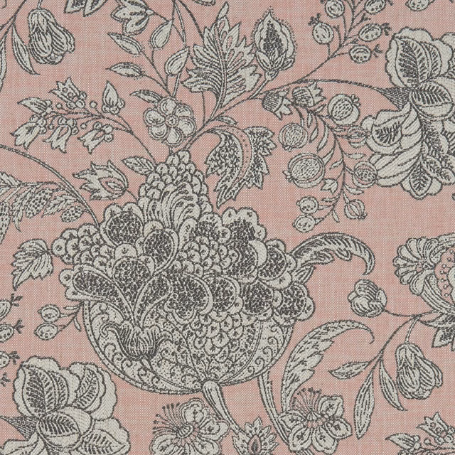Dusty blush woven ground with charcoal-grey florals, paisleys and ornate botanical sprays
