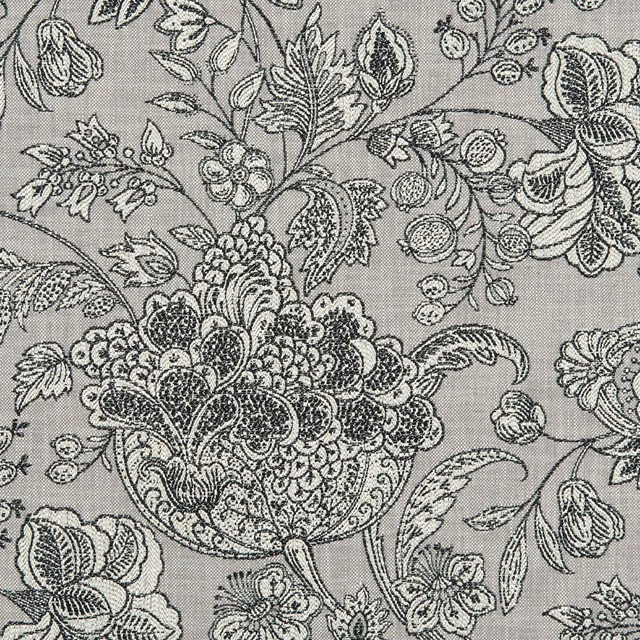 Charcoal grey woven fabric with ornate black botanical florals and paisley motifs
