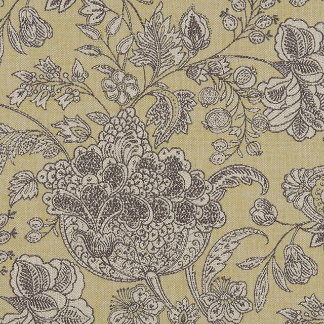 Muted citron floral weave with charcoal botanical linework and ornate urn motif