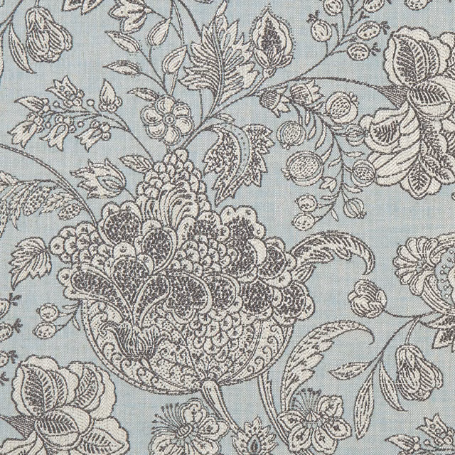 Duck egg blue woven fabric with ornate urns, florals and charcoal outlines