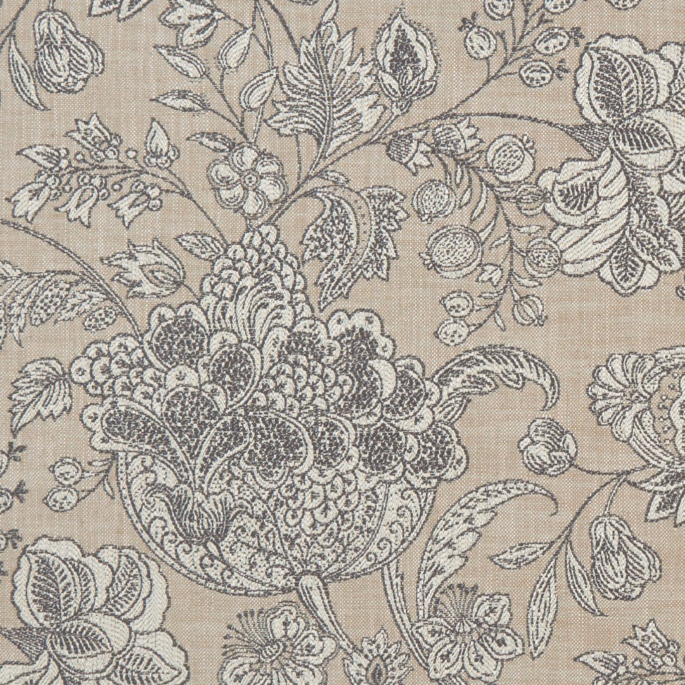 Woodsford Natural beige botanical fabric with charcoal-grey flowers and fine woven texture