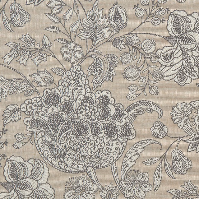 Woodsford Natural beige botanical fabric with charcoal-grey flowers and fine woven texture