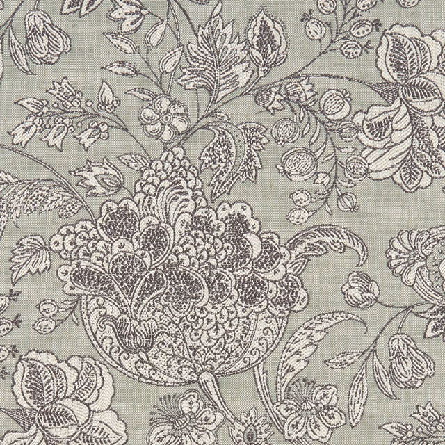 Muted sage fabric with charcoal botanical urn, paisley leaves and pale floral linework