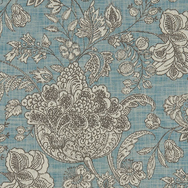 Muted teal ground with cream paisley flowers and fine crosshatched weave