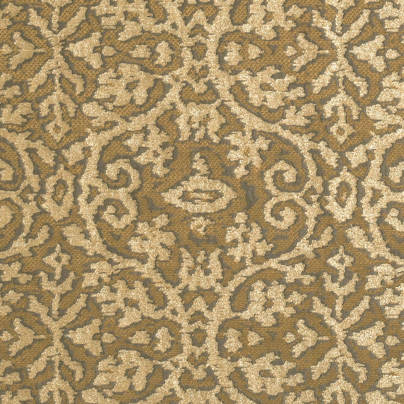 Antique-gold scrolling damask woven over a muted taupe-brown ground