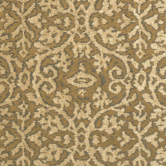 Antique-gold scrolling damask woven over a muted taupe-brown ground