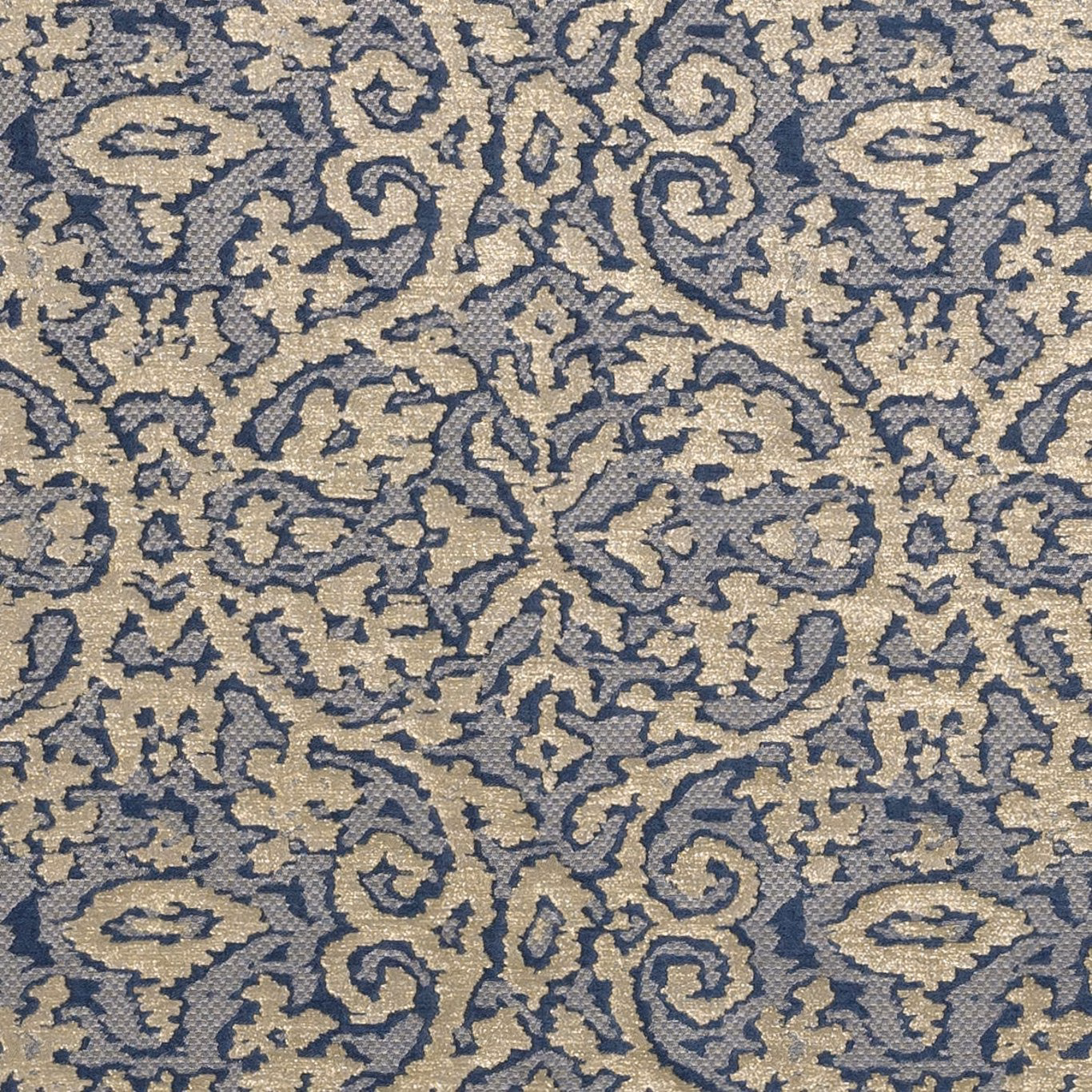 Dusty blue and beige damask weave with curling paisley motifs and raised texture