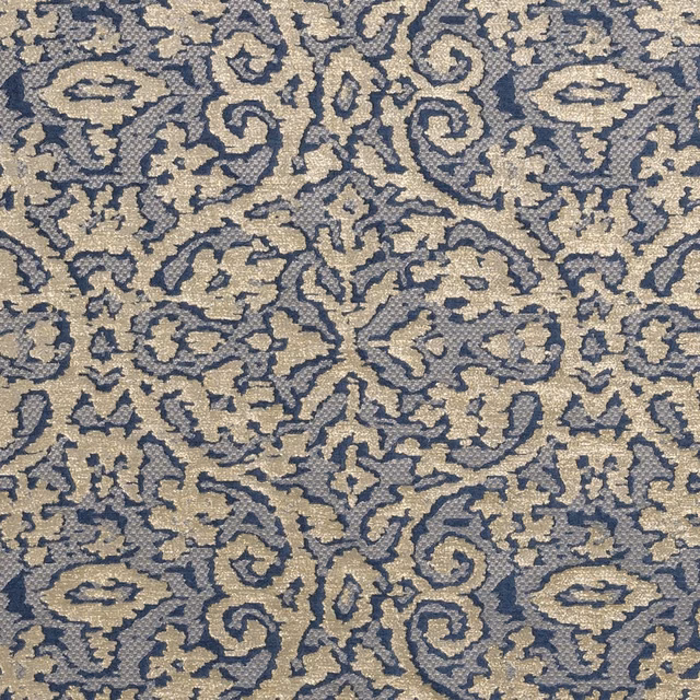 Dusty blue and beige damask weave with curling paisley motifs and raised texture