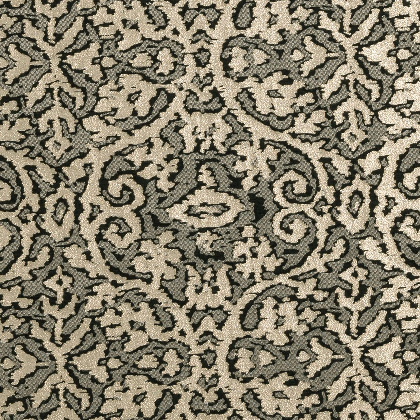 Ebony black woven damask with dense beige scrolling motifs and tactile texture