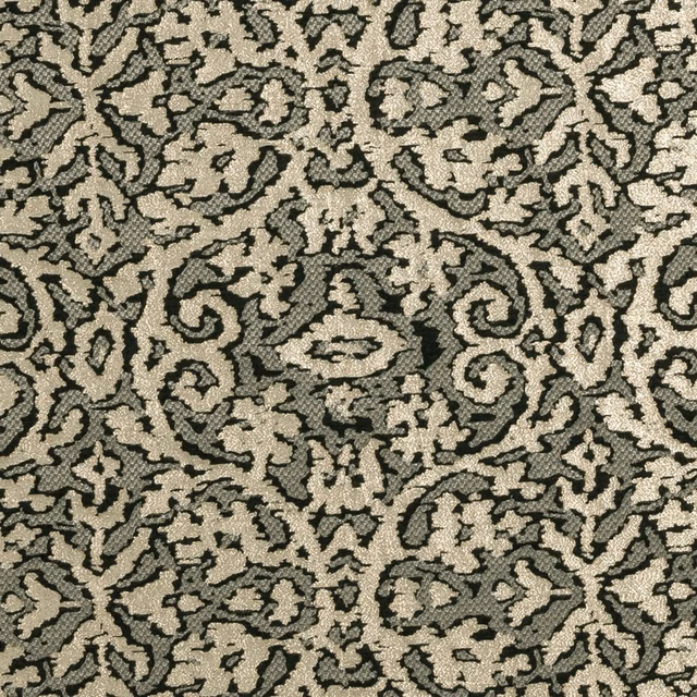 Ebony black woven damask with dense beige scrolling motifs and tactile texture