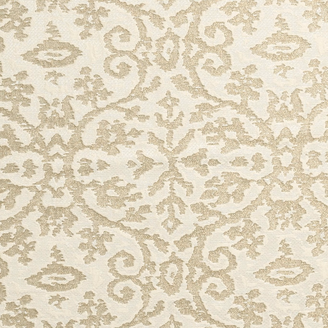 Ivory woven fabric with warm taupe scrolling damask and ornate floral motifs