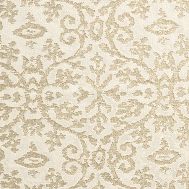 Ivory woven fabric with warm taupe scrolling damask and ornate floral motifs