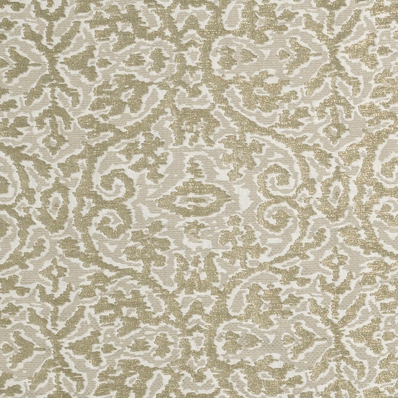 Muted sage-olive and ivory damask weave with scrolling motifs and softly weathered texture
