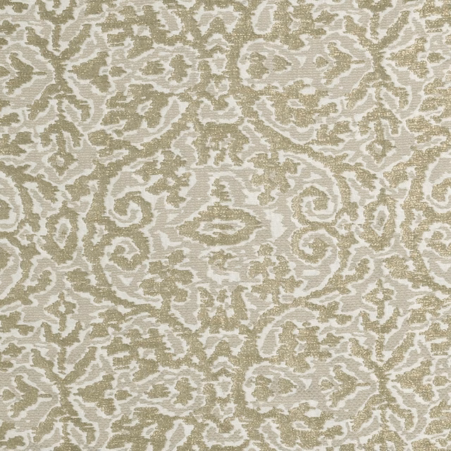 Muted sage-olive and ivory damask weave with scrolling motifs and softly weathered texture