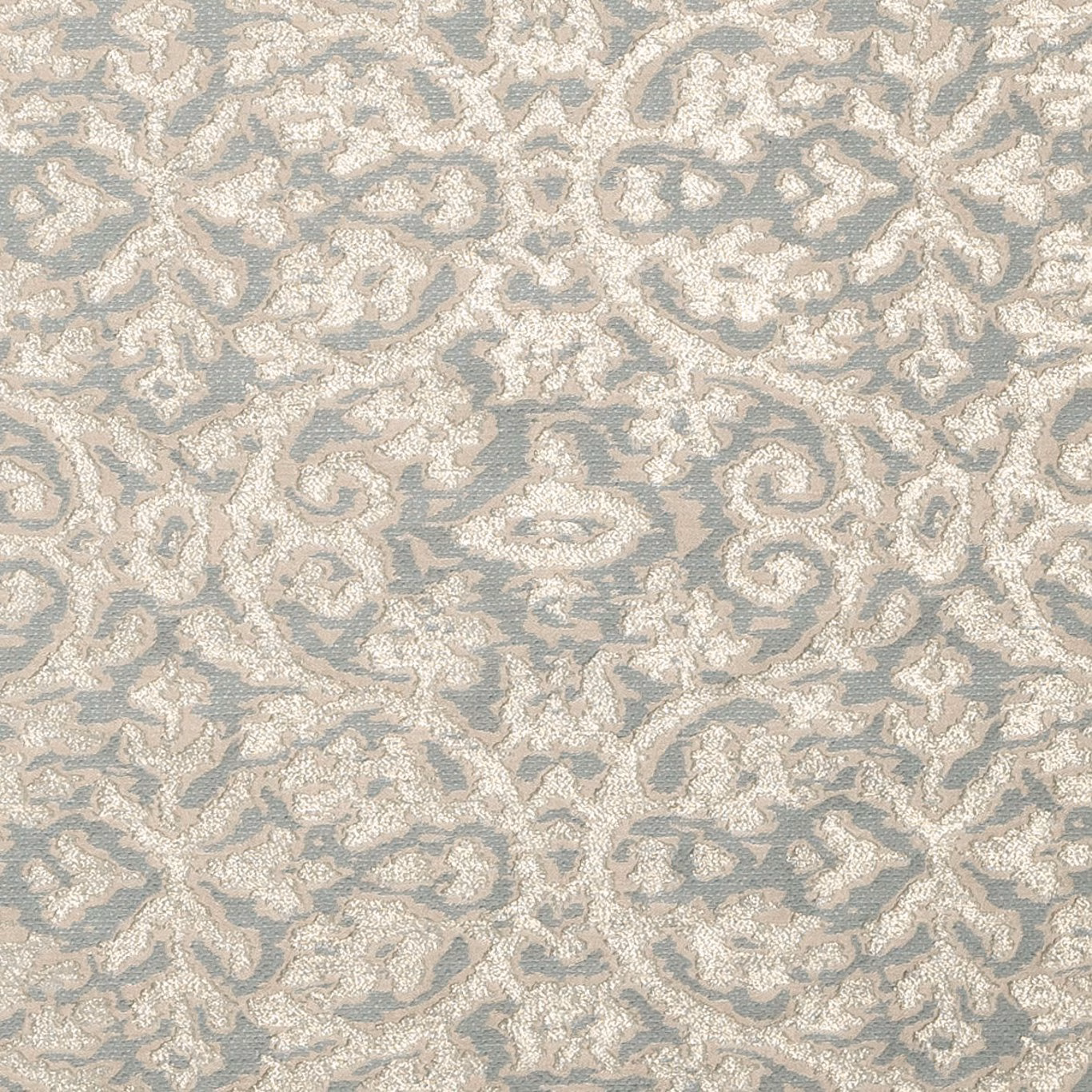 Mineral blue-grey woven fabric with ivory scrolling floral and paisley motifs