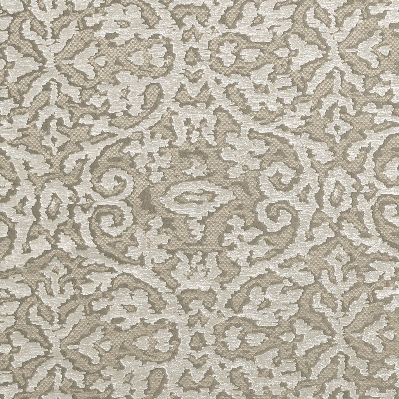 Soft taupe and ivory woven damask with textured scrolling leaves and medallions