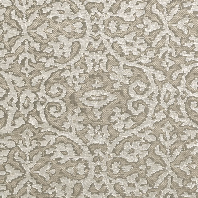Soft taupe and ivory woven damask with textured scrolling leaves and medallions
