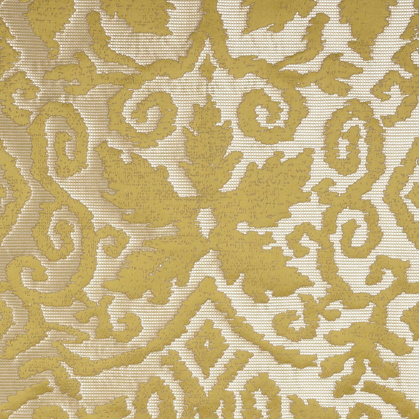 Antique olive-gold damask scrolls woven over an ivory textured ground