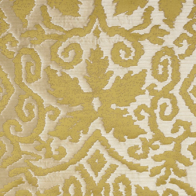 Antique olive-gold damask scrolls woven over an ivory textured ground