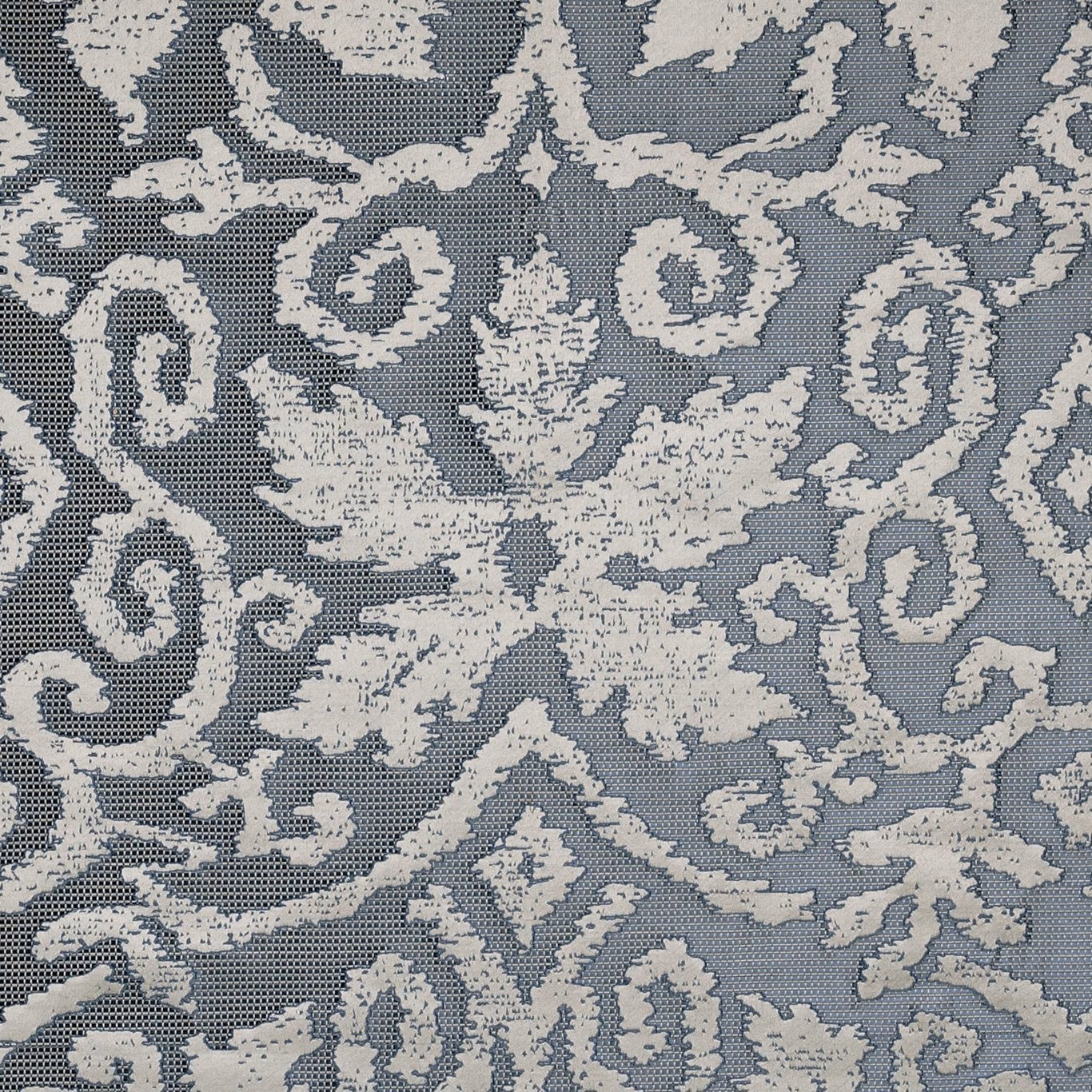 Ivory scrolling damask on a dusty blue-grey textured fabric ground