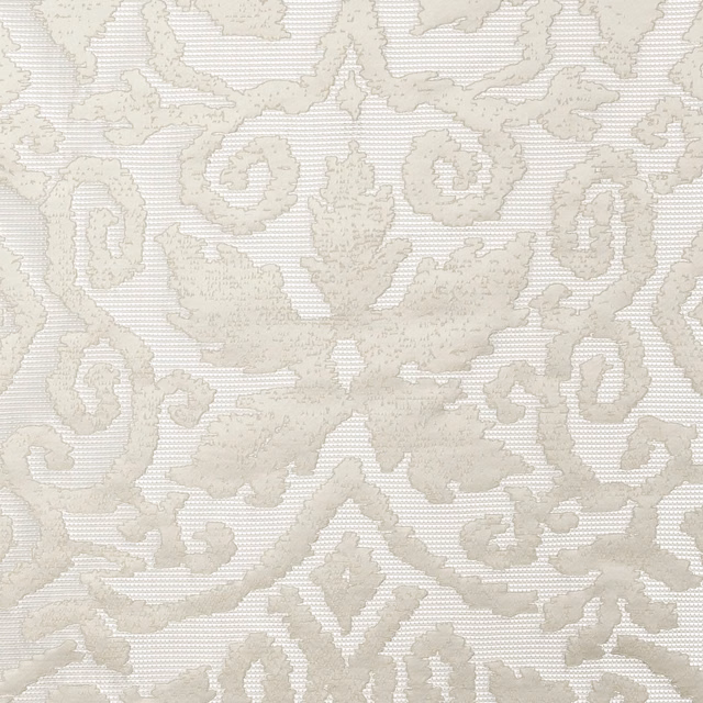Ivory damask with pale taupe scrolls and fine horizontal ribbed texture