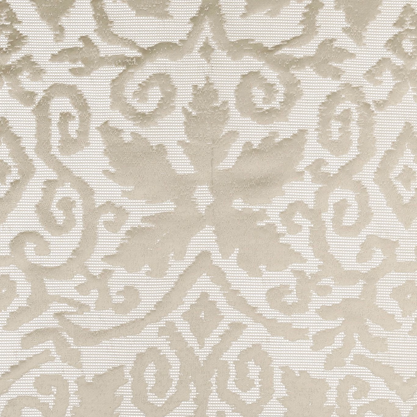 Pale linen ground with muted taupe scrolling damask and fine woven texture