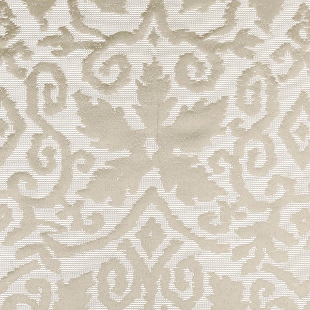 Pale linen ground with muted taupe scrolling damask and fine woven texture