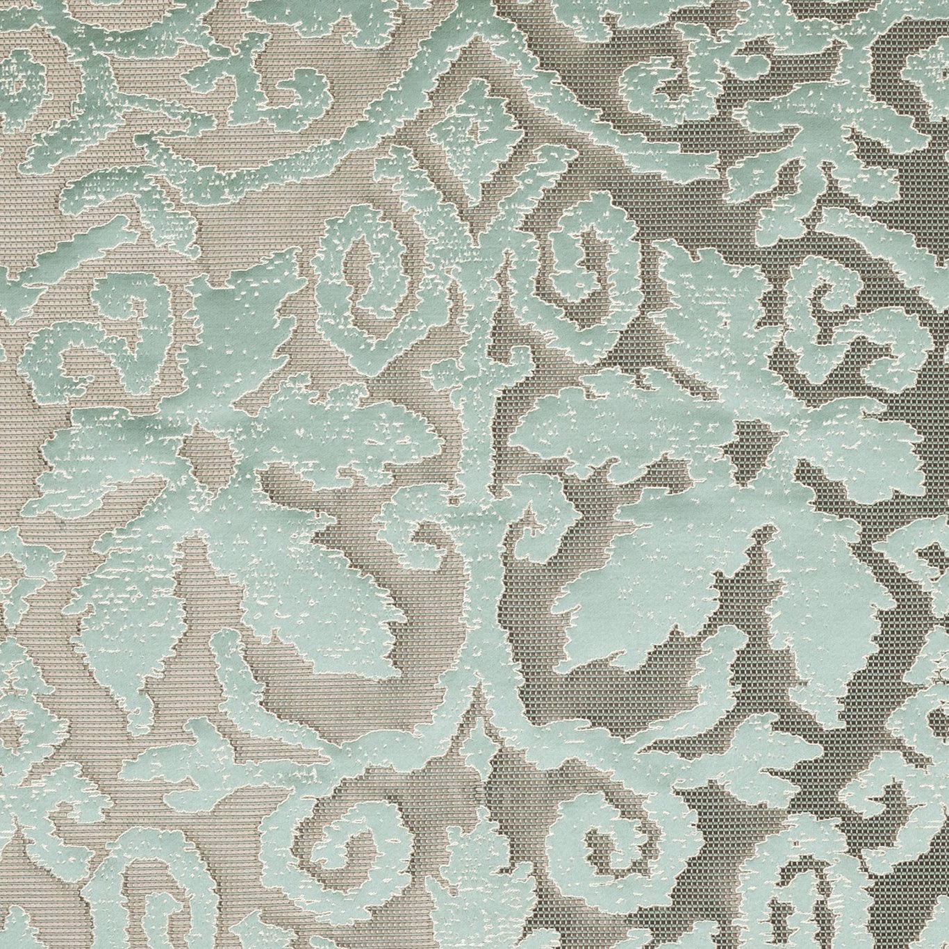 Pale mineral aqua scrolling floral motif over a taupe-grey textured woven ground