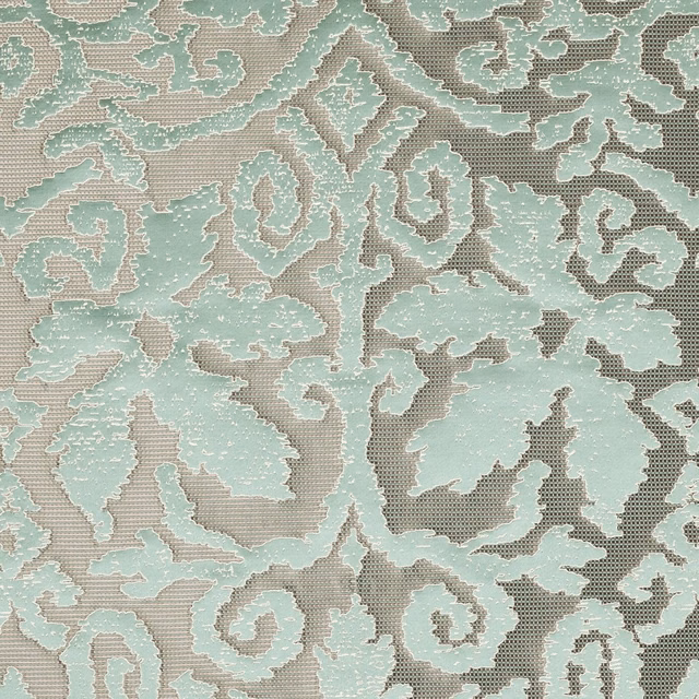 Pale mineral aqua scrolling floral motif over a taupe-grey textured woven ground