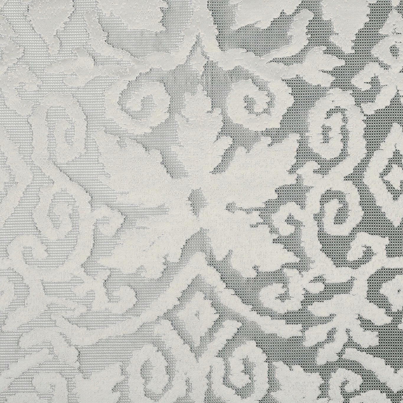 Pale pebble-grey and ivory woven damask with scrolling foliage and curled motifs