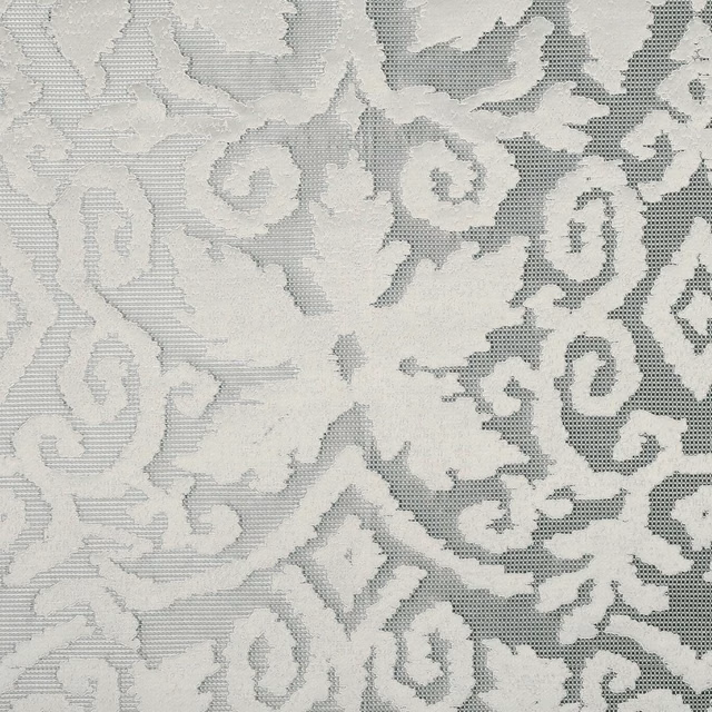 Pale pebble-grey and ivory woven damask with scrolling foliage and curled motifs