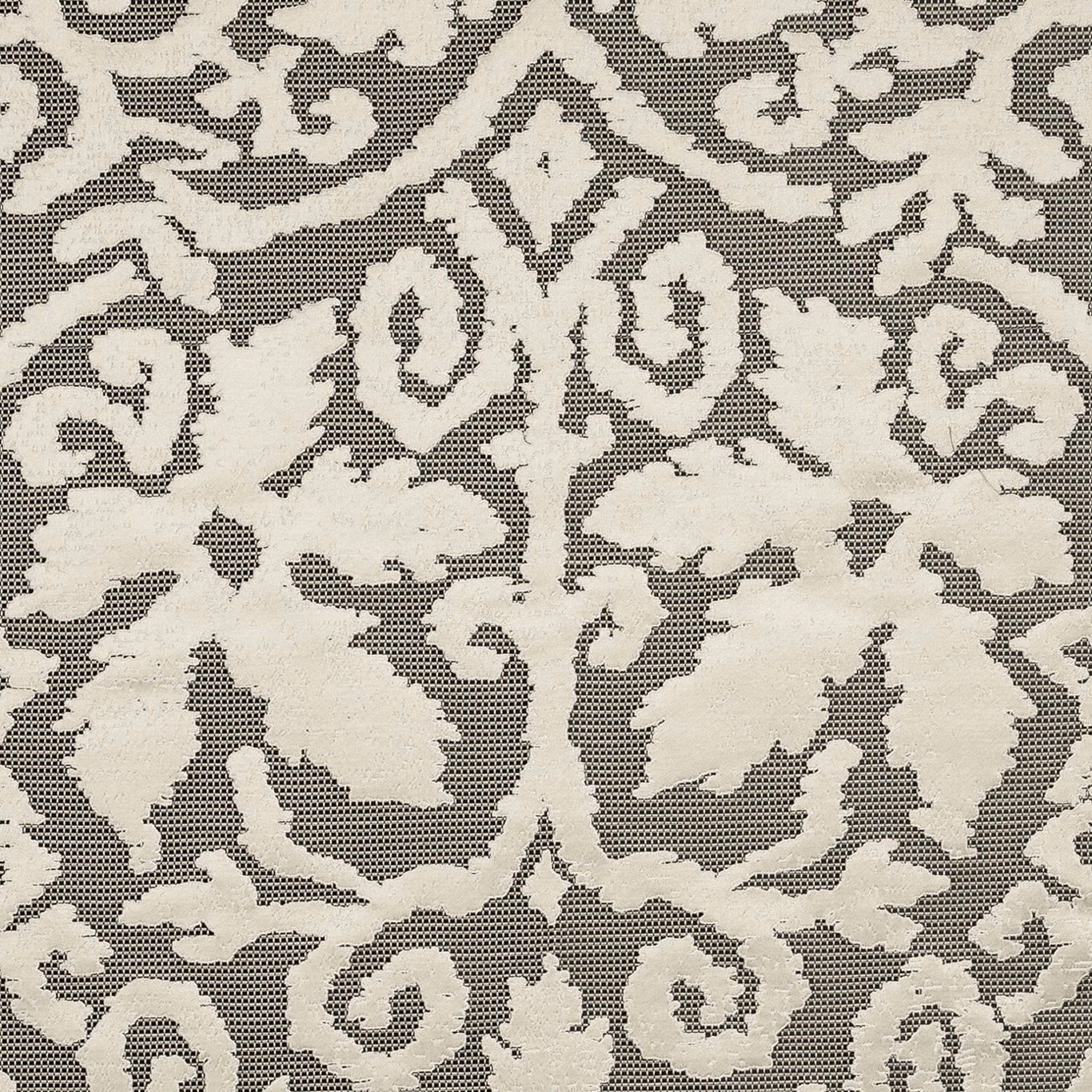 Muted taupe-grey damask with ivory scrolling leaves and a tactile woven ground